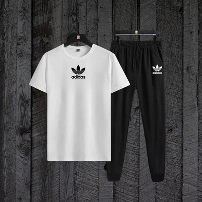 White AD T-Shirt with Black Trouser